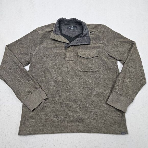 Eddie Bauer Sweater Mens Large Brown Cotton Blend Knit Button Mock Neck Pocket - Picture 1 of 7